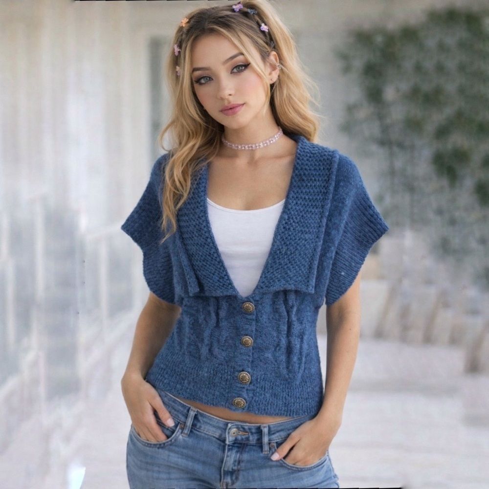 BKE Vintage Y2K Chunky Knit Sweater Cozy Ribbed Blue Green Small V Neck